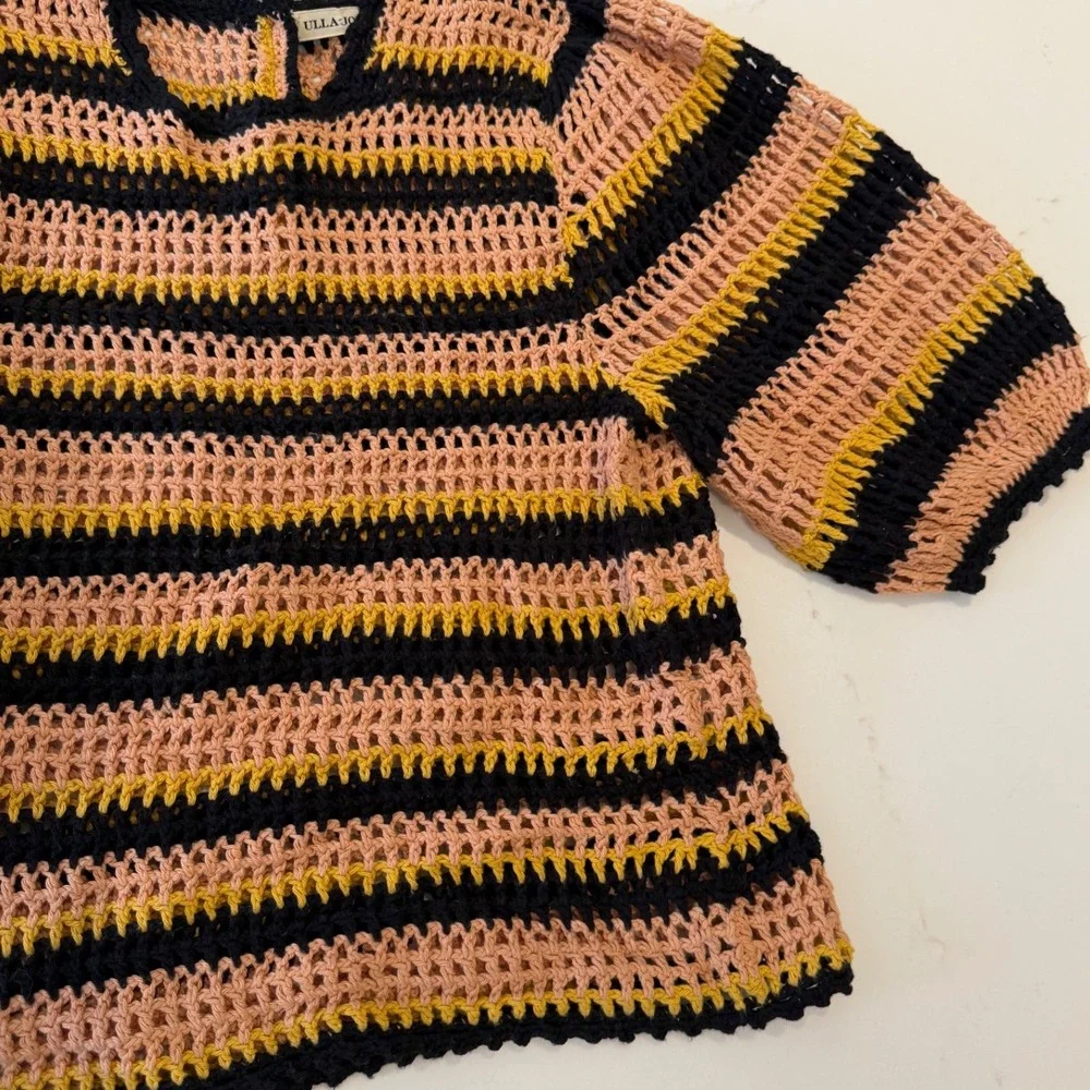 Ulla‎ Johnson Amata Crochet Knit Striped Puff Sleeve Top Pink Yellow Black CS p